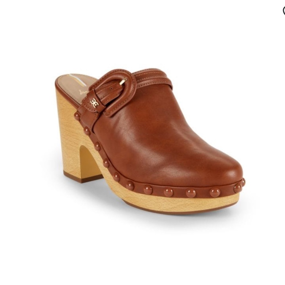 SAM EDELMAN Nyla Block Heel Platform Clogs 102MM Mules Chestnut Wooden Clogs 8.5
